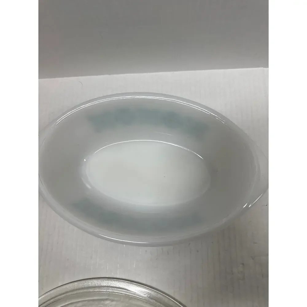 Vintage Glasbake Oval Casserole Dish Milk Glass Turquoise Blue Snowflake Flowers